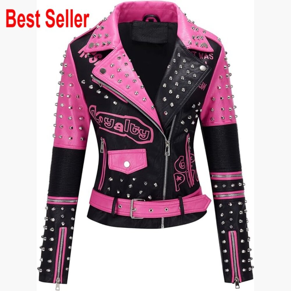 Faux Leather Moto Jacket with Studded Rivet and Belted Design